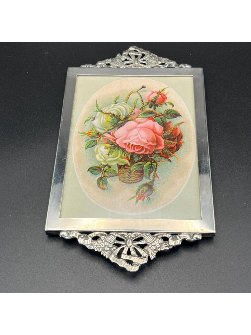 Vintage Silverplate Picture Frame With Rose Print 4.5 x 6 Inches Ornate Border